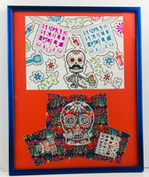 Framed Dia de los Muertos Art & Head Cover Drawing 16" X 20"
